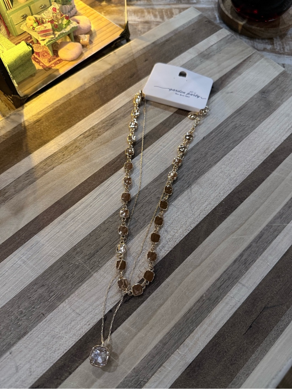 Gold Layered Pendant Necklace with Crystal Accent